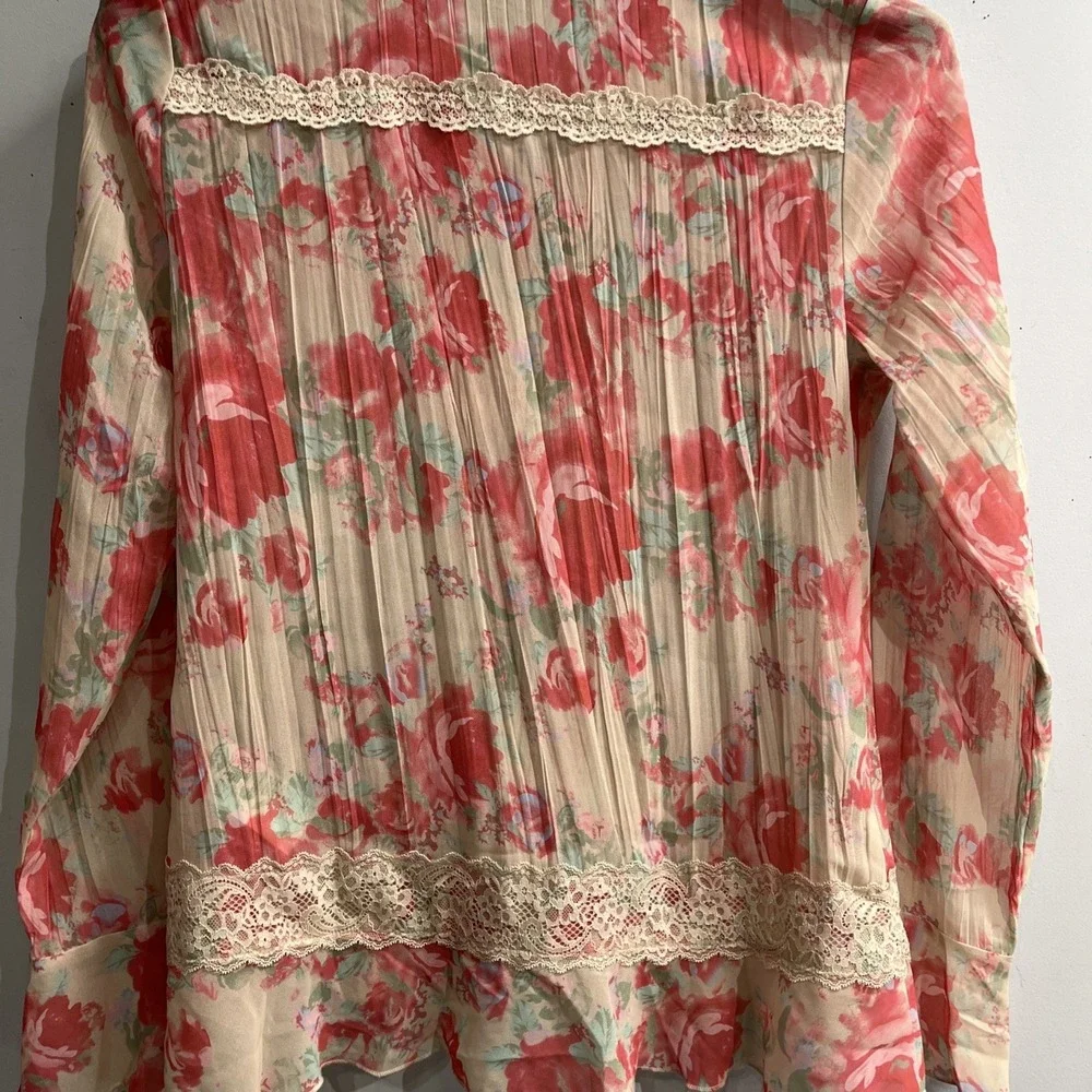 Free People Top Ivory Pink Floral‎ Ruffle Button Down Size M Victorian Feminine